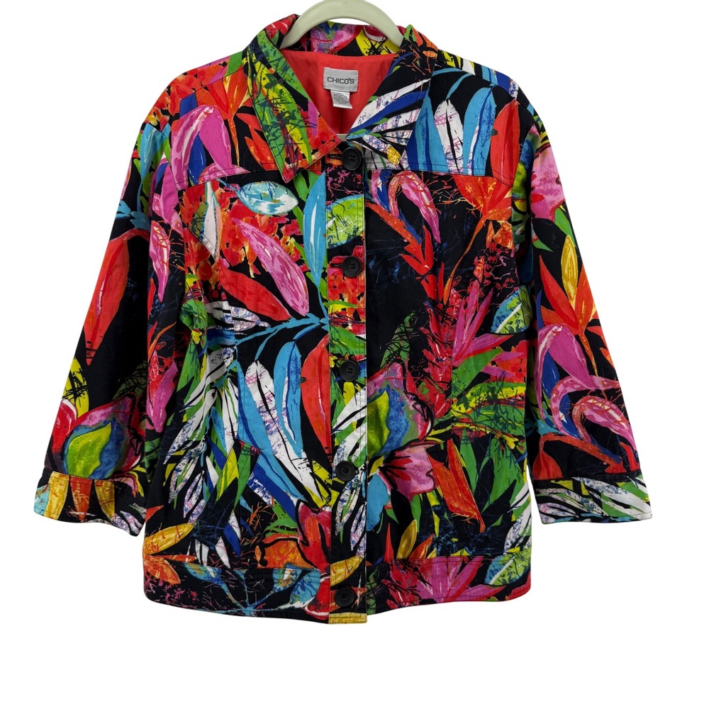 Chicos Size 3 (XL) Wearable‎ Art Tropical Floral Button Front Jacket Multi Color